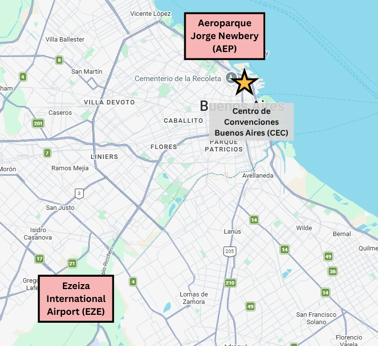 Map showing Ezeiza International Airport and Centro de Convenciones Buenos Aires